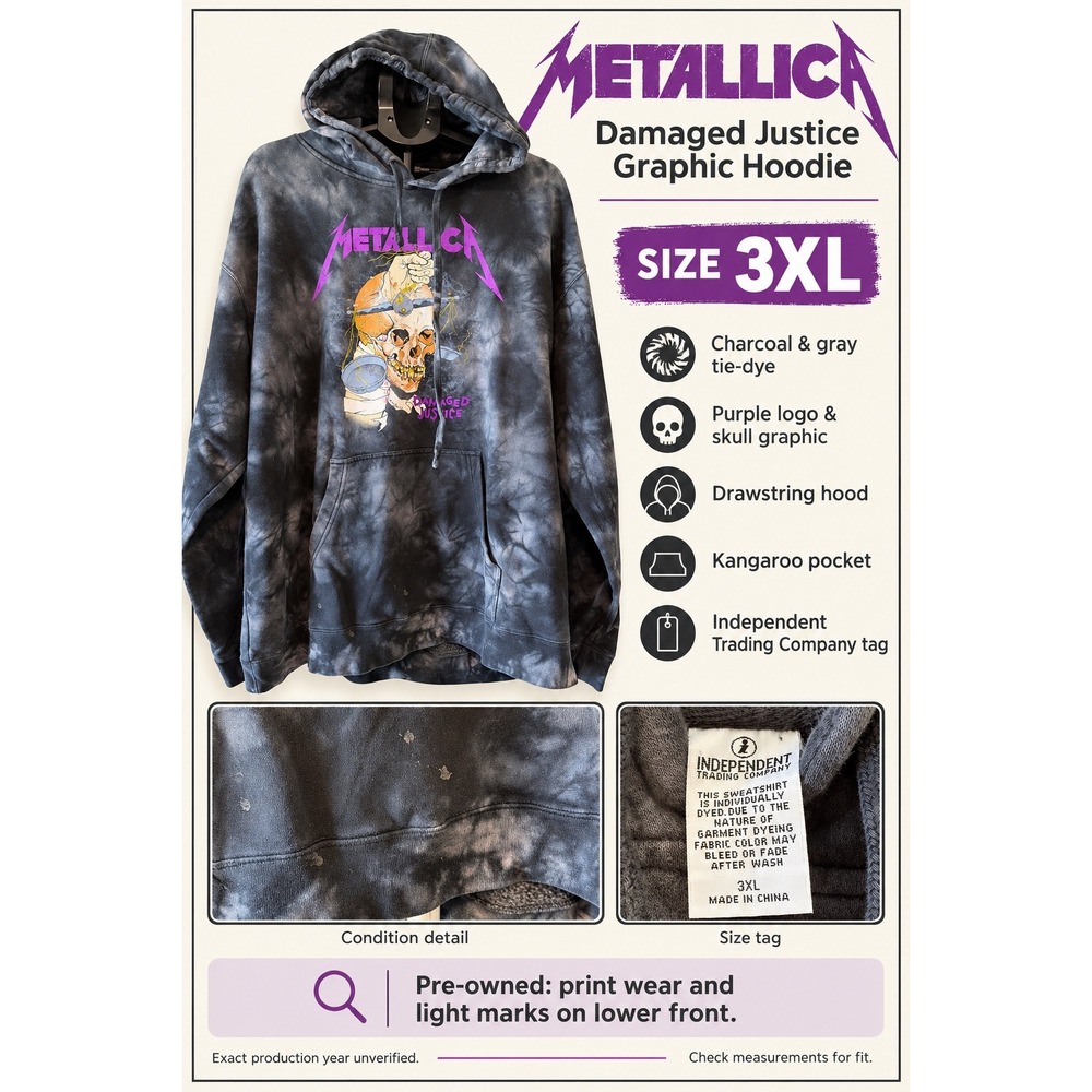 Metallica Damaged Justice Tie Dye Graphic Hoodie Charcoal Gray Purple 3XL